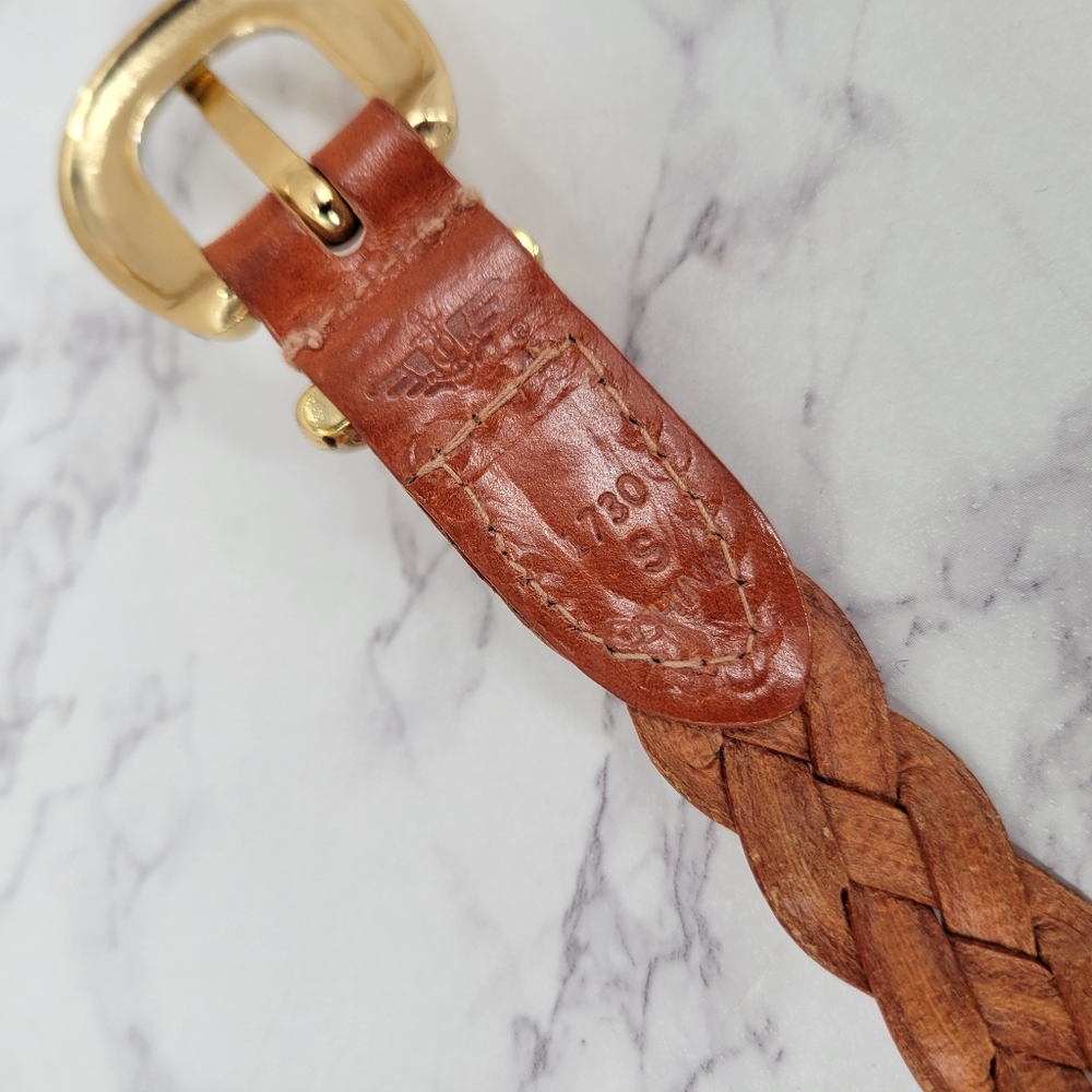 Braided Leather Waist Belt in Cognac with Gold Tone Buckle - Picture 9 of 10